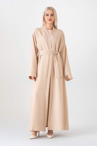 Abaya Kolsuz Elbise İkili Ferace Kimono Tesettür Takım - Bej - FSC3135 
