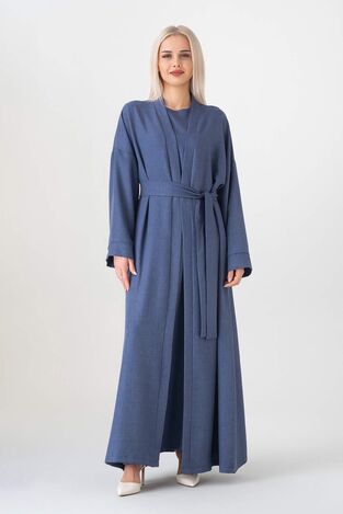 Abaya Kolsuz Elbise İkili Ferace Kimono Tesettür Takım - İndigo - FSC3135 