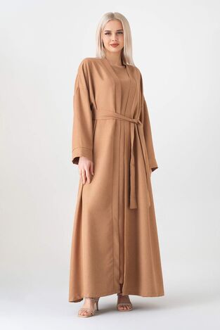 Abaya Kolsuz Elbise İkili Ferace Kimono Tesettür Takım - Kahve - FSC3135 