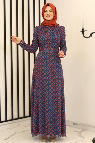 Baklava Desen Şifon Elbise Mavi - Fashion Showcase Design - FSC2162 - Thumbnail