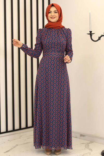 Baklava Desen Şifon Elbise Mavi - Fashion Showcase Design - FSC2162