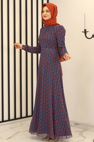 Baklava Desen Şifon Elbise Mavi - Fashion Showcase Design - FSC2162
