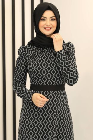 Baklava Desen Şifon Elbise Siyah - Fashion Showcase Design - FSC2162 - Thumbnail