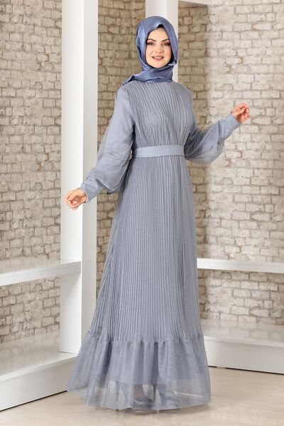 Begüm Pilise Detay Elbise Gri - Fashion Showcase Design - FSC3017