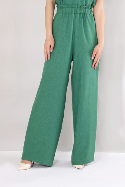 Beli Lastikli Bol Paça Keten Pantolon - Yeşil - FSC3112