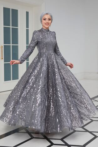 Beylem Prenses Abiye Gri - Dresslife Tesettür Giyim - ALM2097 - Thumbnail