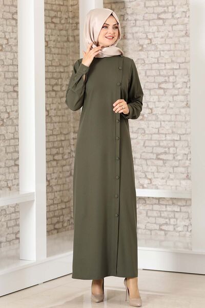 Boydan Düğmeli Ferace Elbise Haki - Fashion Showcase Design - FSC3041
