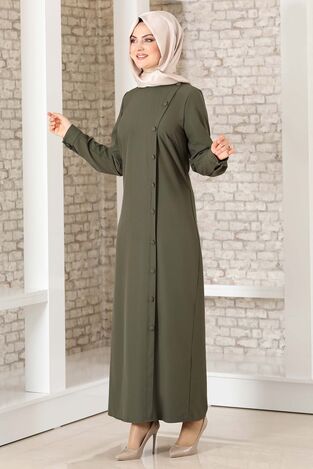 Boydan Düğmeli Ferace Elbise Haki - Fashion Showcase Design - FSC3041 - Thumbnail