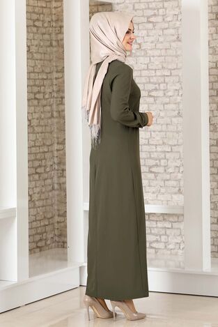 Boydan Düğmeli Ferace Elbise Haki - Fashion Showcase Design - FSC3041 - Thumbnail