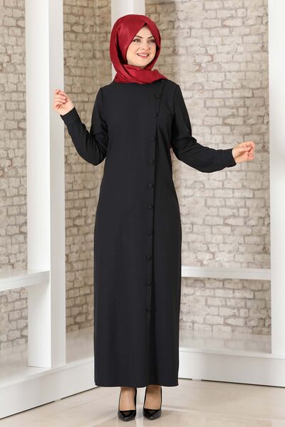 Boydan Düğmeli Ferace Elbise Siyah - Fashion Showcase Design - FSC3041