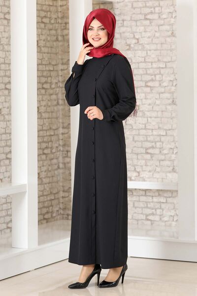 Boydan Düğmeli Ferace Elbise Siyah - Fashion Showcase Design - FSC3041