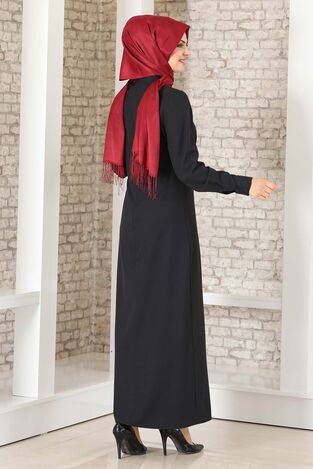 Boydan Düğmeli Ferace Elbise Siyah - Fashion Showcase Design - FSC3041 - Thumbnail