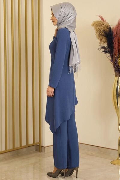 Büzgülü Asimetrik Pantolonlu Takım İndigo - Fashion Showcase Design - FSC2106
