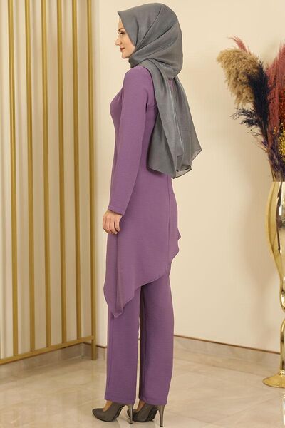 Büzgülü Asimetrik Pantolonlu Takım Lila - Fashion Showcase Design - FSC2106