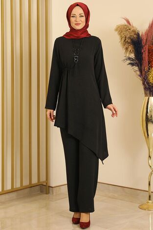 Büzgülü Asimetrik Pantolonlu Takım Siyah - Fashion Showcase Design - FSC2106 - Thumbnail