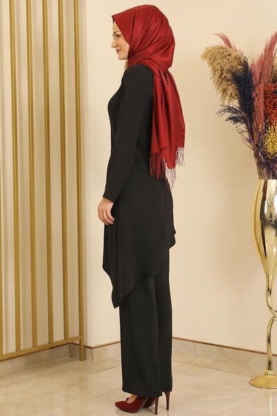 Büzgülü Asimetrik Pantolonlu Takım Siyah - Fashion Showcase Design - FSC2106