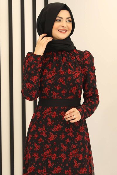 Çiçek Şifon Elbise Siyah - Fashion Showcase Design - FSC2163