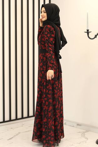 Çiçek Şifon Elbise Siyah - Fashion Showcase Design - FSC2163 - Thumbnail