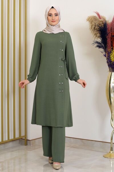Çıtçıt Detay Pantolonlu Ayrobin Takım Haki - Fashion Showcase Design - FSC2095