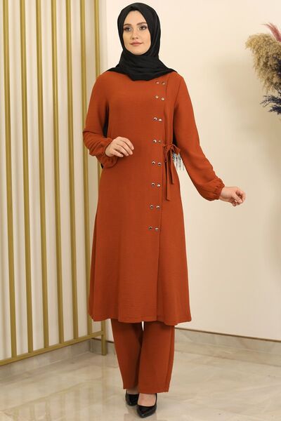 Çıtçıt Detay Pantolonlu Ayrobin Takım Kiremit - Fashion Showcase Design - FSC2095