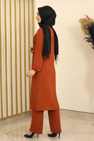 Çıtçıt Detay Pantolonlu Ayrobin Takım Kiremit - Fashion Showcase Design - FSC2095 - Thumbnail