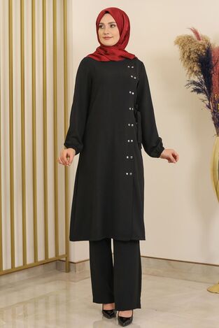 Çıtçıt Detay Pantolonlu Ayrobin Takım Siyah - Fashion Showcase Design - FSC2095 - Thumbnail