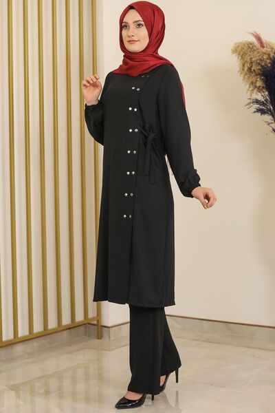Çıtçıt Detay Pantolonlu Ayrobin Takım Siyah - Fashion Showcase Design - FSC2095