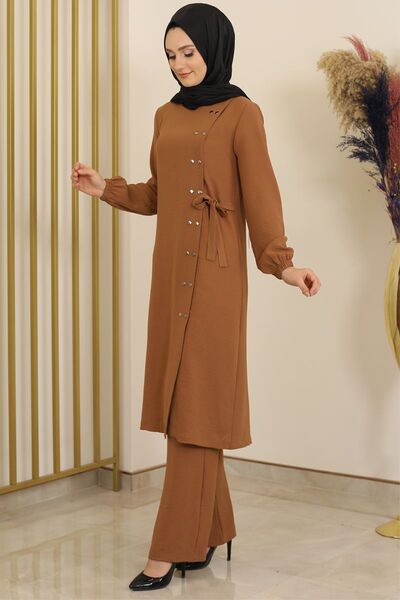 Çıtçıt Detay Pantolonlu Ayrobin Takım Taba - Fashion Showcase Design - FSC2095