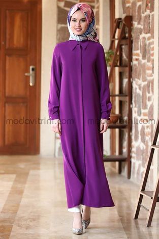 Costume - Longue Tunique & Pantalon - Crêpe - Violet - MDV2006 - Thumbnail