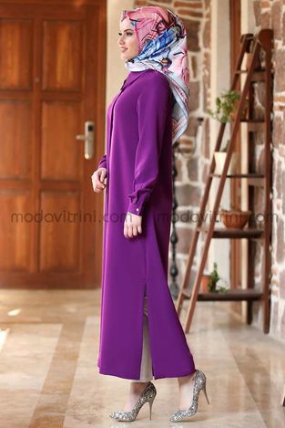 Costume - Longue Tunique & Pantalon - Crêpe - Violet - MDV2006 - Thumbnail