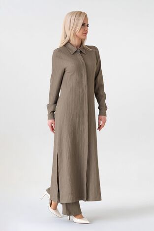 Crinkle Kumaş Uzun Gizli Patlı Tunik - Haki - FSC3142 