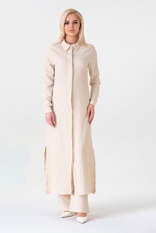 Crinkle Kumaş Uzun Gizli Patlı Tunik - Taş - FSC3142 