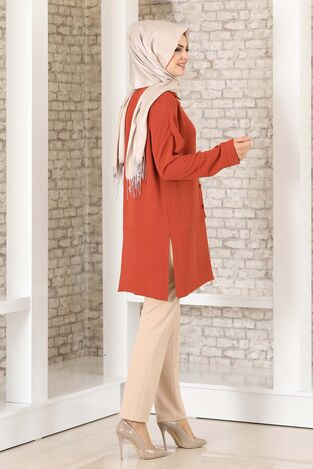 Düğme Detay Salaş Tunik Kiremit - Fashion Showcase Design - FSC2033 - Thumbnail
