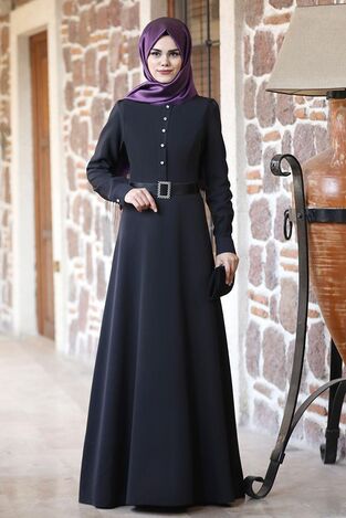 Düğmeli Masal ELbise Siyah - Ahunur Moda Tesettür Giyim - AHN1003 - Thumbnail