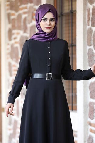 Düğmeli Masal ELbise Siyah - Ahunur Moda Tesettür Giyim - AHN1003 - Thumbnail