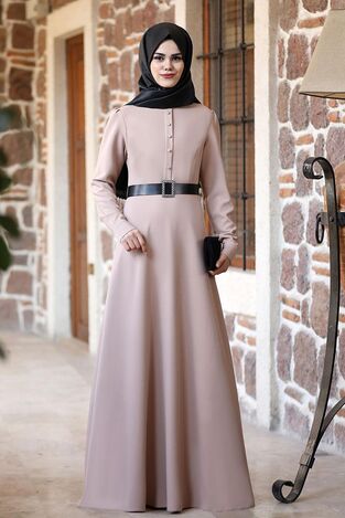 Düğmeli Masal ELbise Vizon - Ahunur Moda Tesettür Giyim - AHN1003 