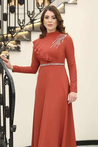 Elif Taşlı Tesettür Elbise Kiremit - Elben Tesettür Giyim - ELN1015 - Thumbnail