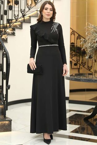 Elif Taşlı Tesettür Elbise Siyah - Elben Tesettür Giyim - ELN1015 - Thumbnail