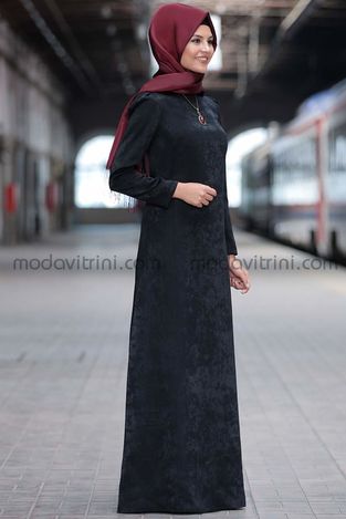Esin Kadife Elbise Siyah - SRT1099 - Thumbnail