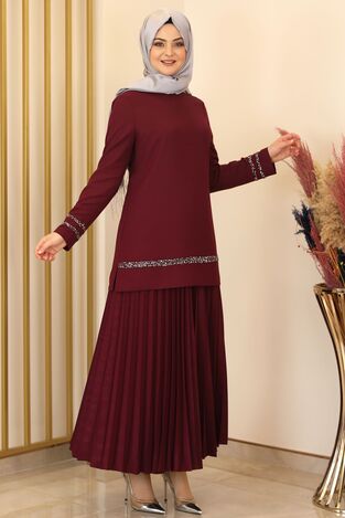 Eteği Piliseli İkili Takım Bordo - Fashion Showcase Design - ALY1003 - Thumbnail