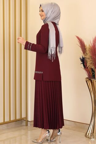 Eteği Piliseli İkili Takım Bordo - Fashion Showcase Design - ALY1003 - Thumbnail