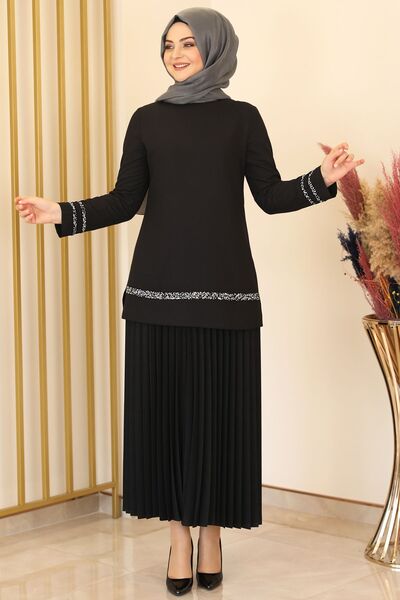 Eteği Piliseli İkili Takım Siyah - Fashion Showcase Design - ALY1003