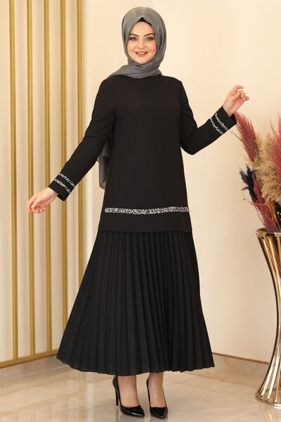 Eteği Piliseli İkili Takım Siyah - Fashion Showcase Design - ALY1003