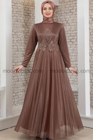 Evening Dress - Guipure & Silver Detailed - Mink - MDV2041 - Thumbnail