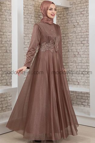 Evening Dress - Guipure & Silver Detailed - Mink - MDV2041 - Thumbnail