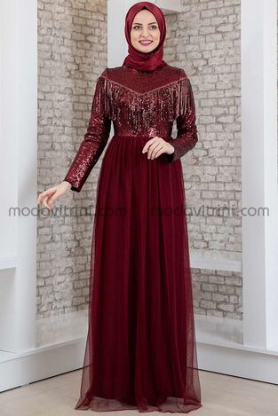 Evening Dress - Sequined Tulle Skirt - Maroon - FSC2022 - Thumbnail