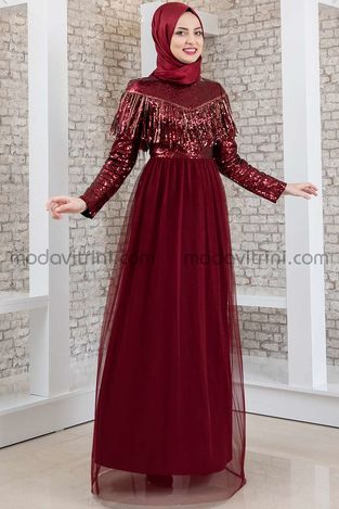 Evening Dress - Sequined Tulle Skirt - Maroon - FSC2022 - Thumbnail
