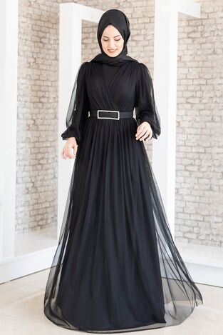 Evening Dress - Stone Belt - Tulle Detailed - Black - FSC2020 - Thumbnail