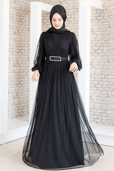 Evening Dress - Stone Belt - Tulle Detailed - Black - FSC2020