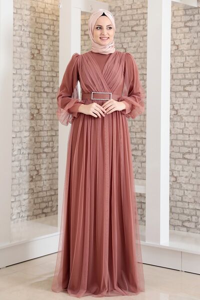 Evening Dress - Stone Belt - Tulle Detailed - Onionskin - FSC2020